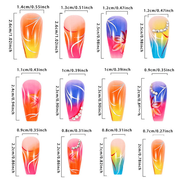 Color Gradient Flower Rhinestone Fake Nails